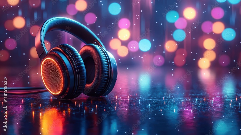 Poster illuminated headphone jack close-up digital audio device studio setting artistic focus glowing conce