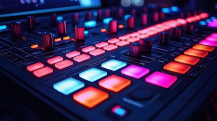Fototapeta premium Electrifying dj performance futuristic studio led pad nightclub close-up glowing technology for enhanced audio experience