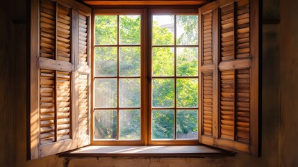 Fototapeta premium A large wooden window with open shutters, letting in soft natural light.