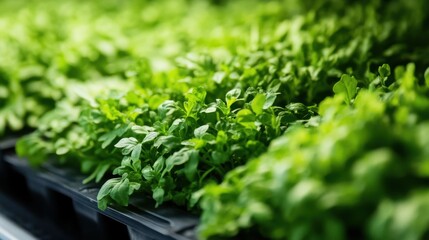 Fresh Green Organic Herbs Growing in Rows Inside a Greenhouse, Capturing the Essence of Sustainable Agriculture and Natural Gardening Practices