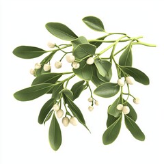 Elegant Fresh Mistletoe Branch with Green Leaves and White Berries on a Soft Background