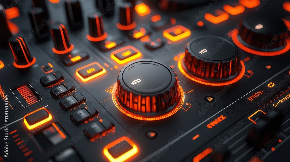 Poster Captivating macro shot of a dj controller knob in a dimly lit studio environment highlighting intricate details and standard design features