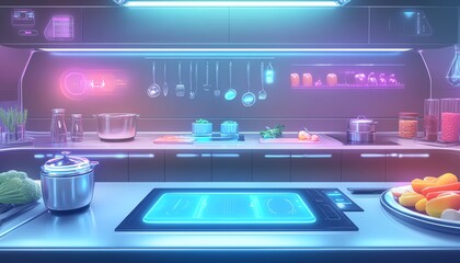 Obraz premium Futuristic smart kitchen interior with neon lights, modern appliances, and holographic displays. Sleek design and vibrant colors.