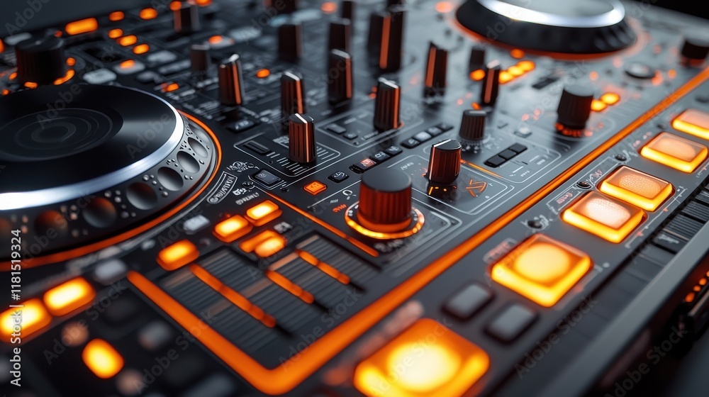 Poster dynamic dj performance nightclub venue macro shot vibrant atmosphere close-up view intricate glowing