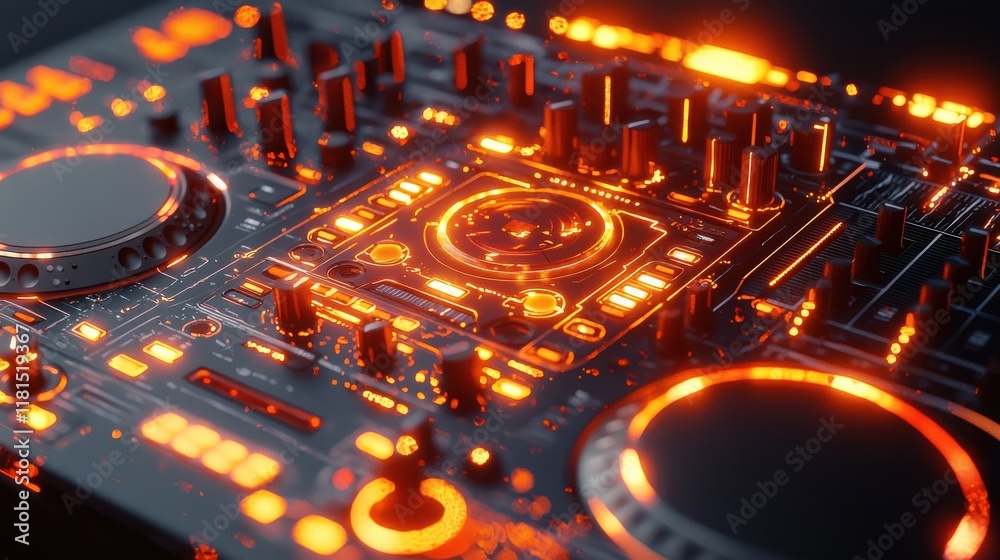 Poster dynamic dj performance nightclub macro shot futuristic environment close-up intricate glowing detail