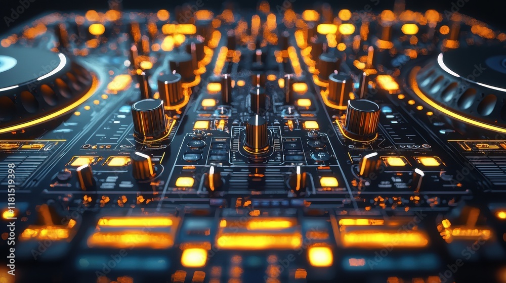 Aufkleber Dynamic dj performance nightclub venue macro shot of controller neon environment close-up view intricate glowing design for enhanced visual appeal