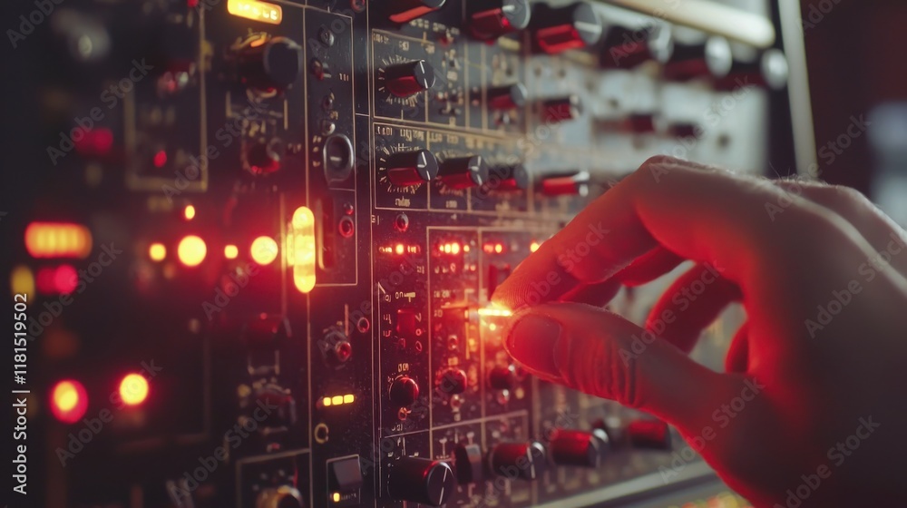 Poster Adjusting the glowing crossfader slider in a modern studio environment for music production