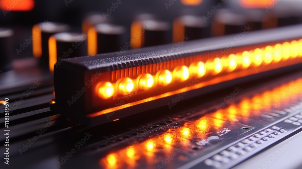 Poster adjusting the glowing crossfader slider dj booth macro photography nightclub environment close-up vi