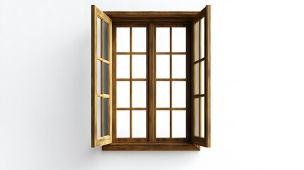 Obraz premium A narrow French window with a detailed wooden frame, opening to the outside on a white background.