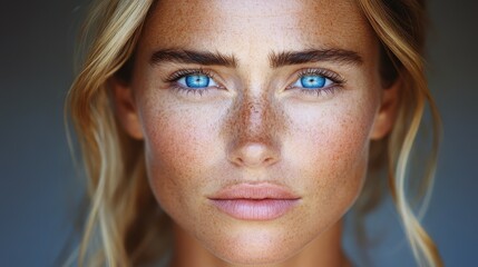 Fototapeta premium A woman with blue eyes and a light skin tone. She has a slight freckle on her nose