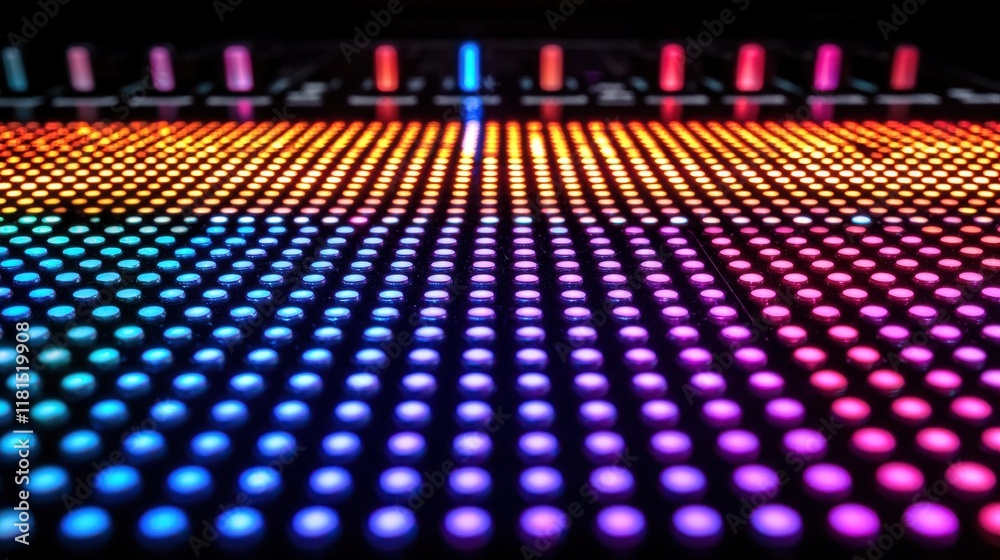 Poster Dynamic dj console equalizer bar illumination nightclub setting macro photography vibrant atmosphere close-up view glowing audio visualization for enhanced party experience
