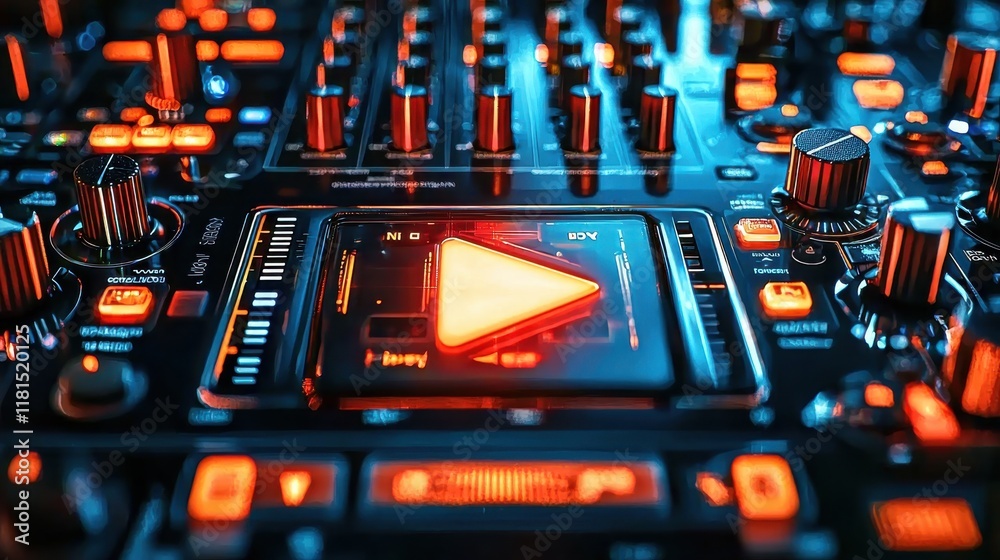 Aufkleber Illuminated play button interaction futuristic digital standard interface macro photography high-tech environment close-up view glowing concept