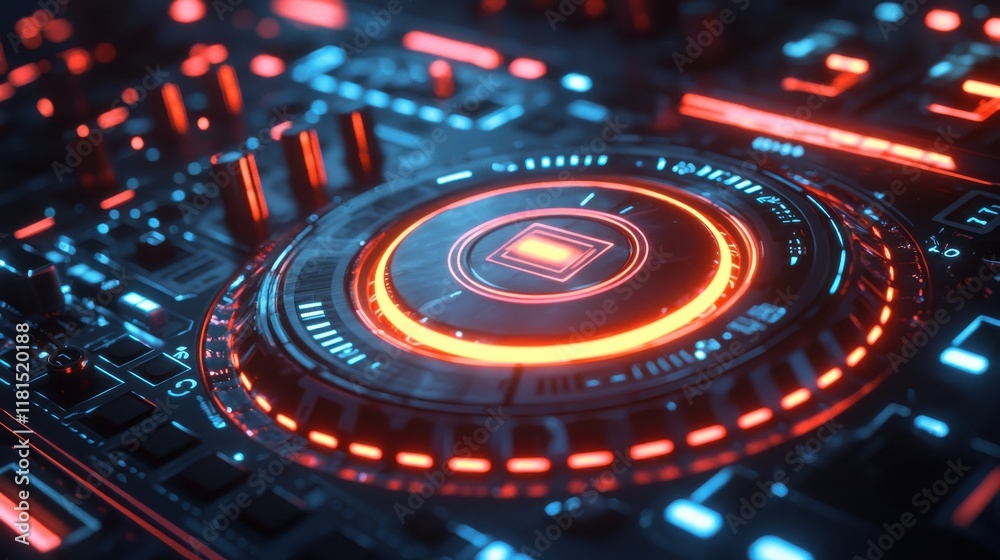 Poster illuminating play button interaction futuristic digital standard macro shot high-tech environment cl