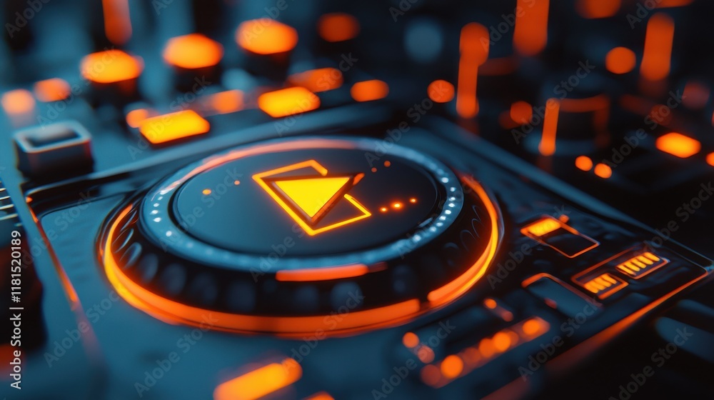 Poster Illuminated play button interaction futuristic digital standard macro photography high-tech environment close-up perspective glowing concept for enhanced user experience
