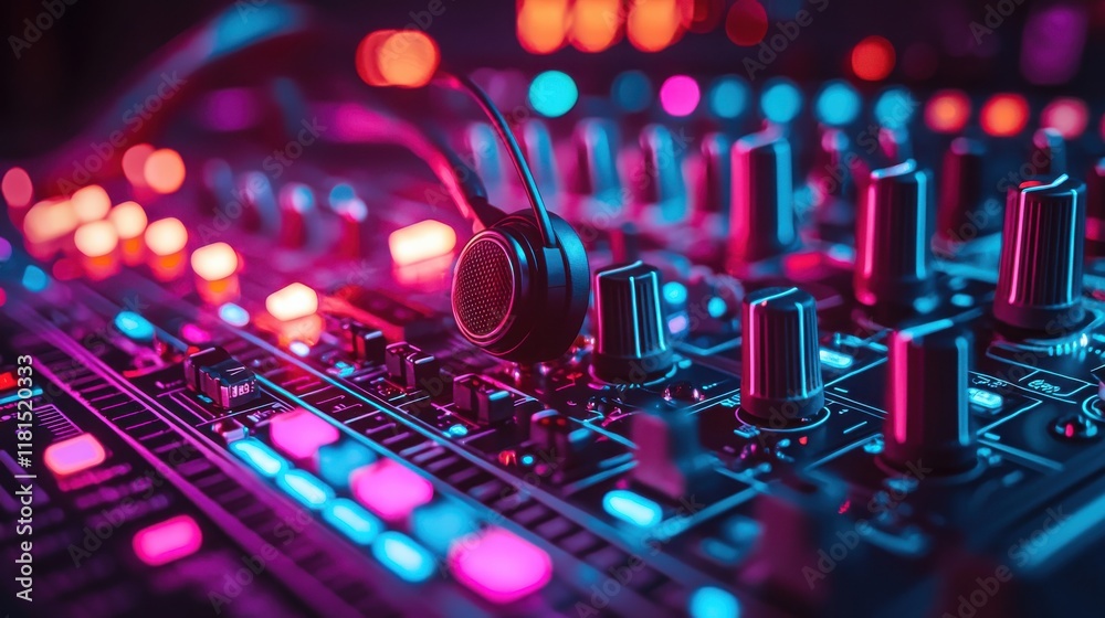 Poster macro shot of a headphone jack plugged into a mixer studio setting photography vibrant environment c