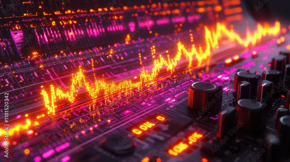 Poster Plugging in macro shot of a headphone jack connected to a mixer in a studio environment focused on audio equipment and digital sound waves