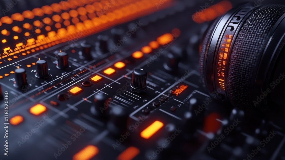 Poster Connecting sound macro shot of headphone jack plugged into mixer studio setting detailed close-up of audio equipment