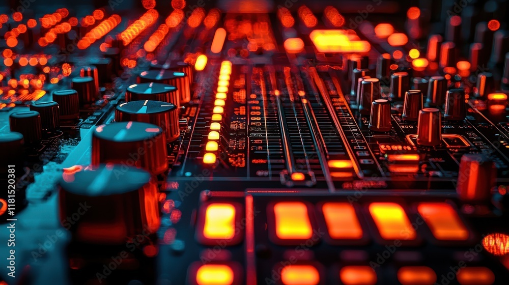 Poster Connecting sound macro shot of headphone jack plugged into mixer studio setting close-up detail for audio production