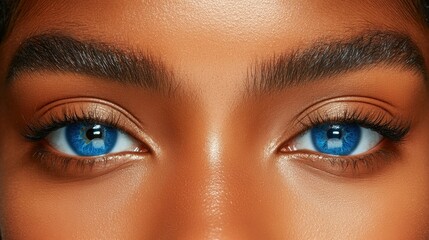Obraz premium A woman with long blue eyelashes and brown eyebrows. The eyes are open and the eyelashes are long