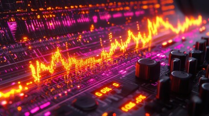 Plugging in macro shot of a headphone jack connected to a mixer in a studio environment focused on audio equipment and digital sound waves