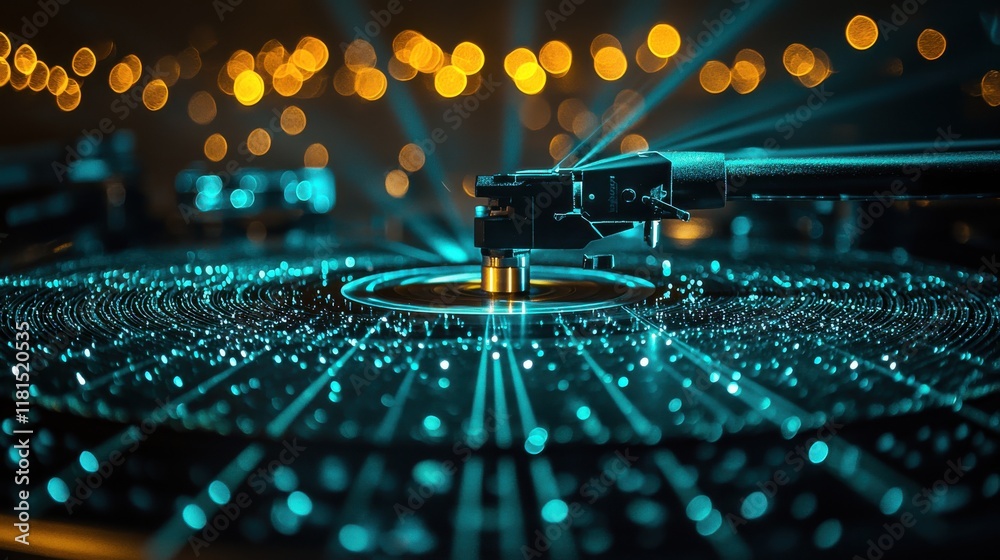 Aufkleber dynamic macro shot of a spinning turntable platter with laser standard indoor studio photography nig