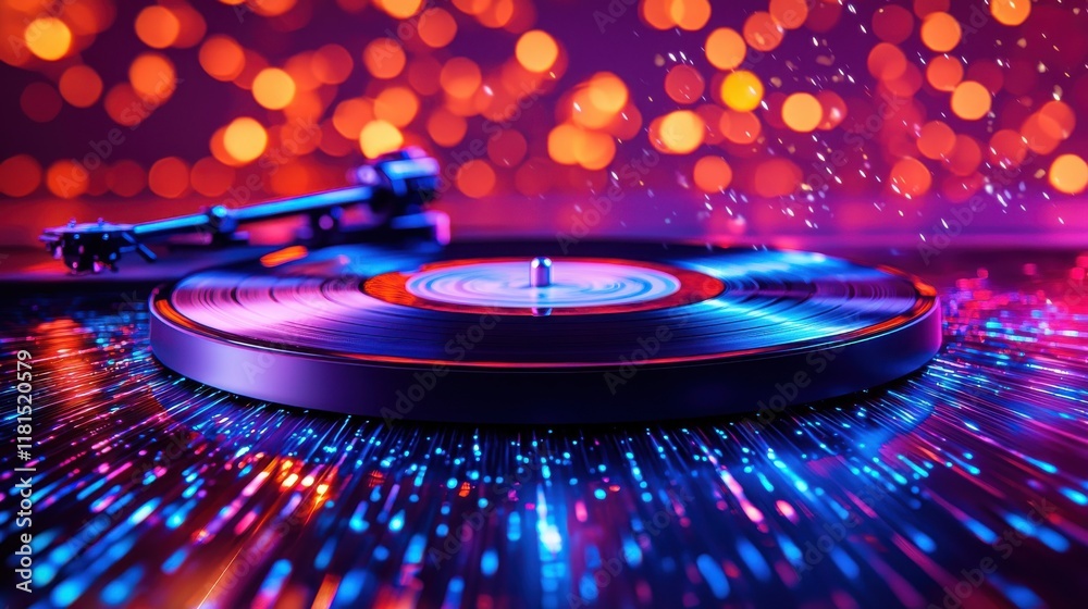 Poster dynamic spin of a vinyl record captured in macro shot vibrant atmosphere musical innovation studio s
