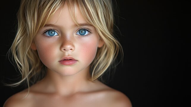 A young blonde girl with blue eyes and a red nose. She is wearing a black shirt and no shirt