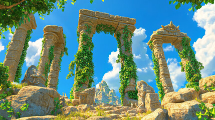 Obraz premium Ancient Temple Ruins Embraced by Nature Under Blue Sky