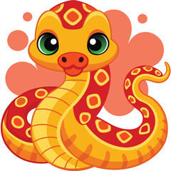 Fototapeta premium illustration of a cute cartoon snake with red ribbon on a white background