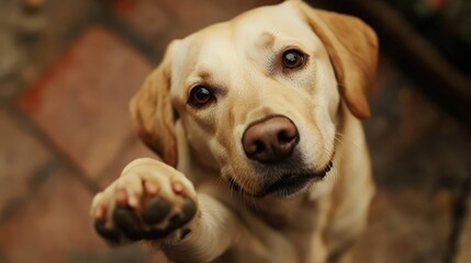 Friendly smart dog giving his paw close up
