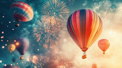 Fototapeta premium Many large balloons in the sky against the backdrop of fireworks, in the evening.