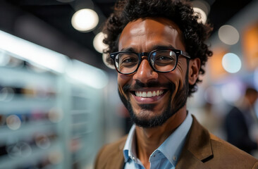Obraz premium Portrait of happy dark-skinned man in glasses on blurred background of shop. Close-up portrait of manager, office worker. Portrait of businessman.