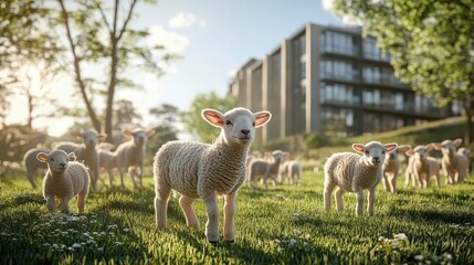 Fototapeta premium Close-up of lambs grazing on a meadow or pasture in spring