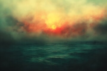 Dramatic sunset over a dark, foggy sea.