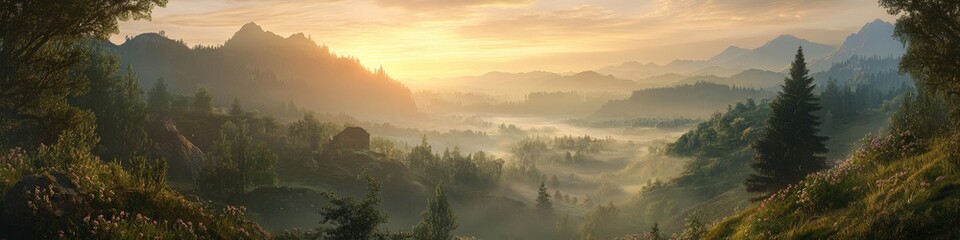 Fototapeta premium Spring mountains and forest and fog. Beautiful nature.