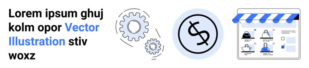 Three gears in motion, a dollar sign in a circle, and a shopping cart within a store interface. Ideal for business, e-commerce, financial growth, online shopping, marketing, technology web design