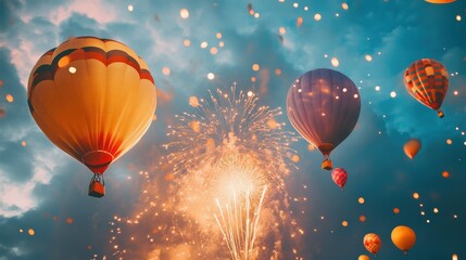 Fototapeta premium Many large balloons in the sky against the backdrop of fireworks, in the evening.