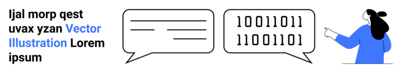 Person pointing at speech bubbles filled with text and binary code. Ideal for digital communication, programming, tech support, chat services, coding tutorials, data exchange, online forums. Banner