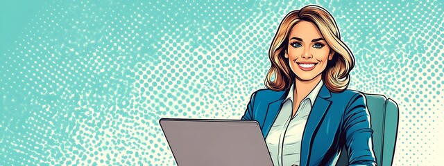 A smiling businesswoman sitting at her desk with a laptop, in a comic style