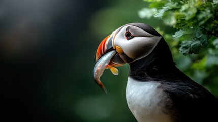 Fototapeta premium Puffin proudly displays its catch of fish in a serene coastal habitat