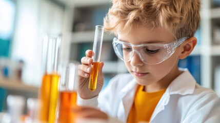 Curious young scientist explores vibrant liquids in a laboratory setting
