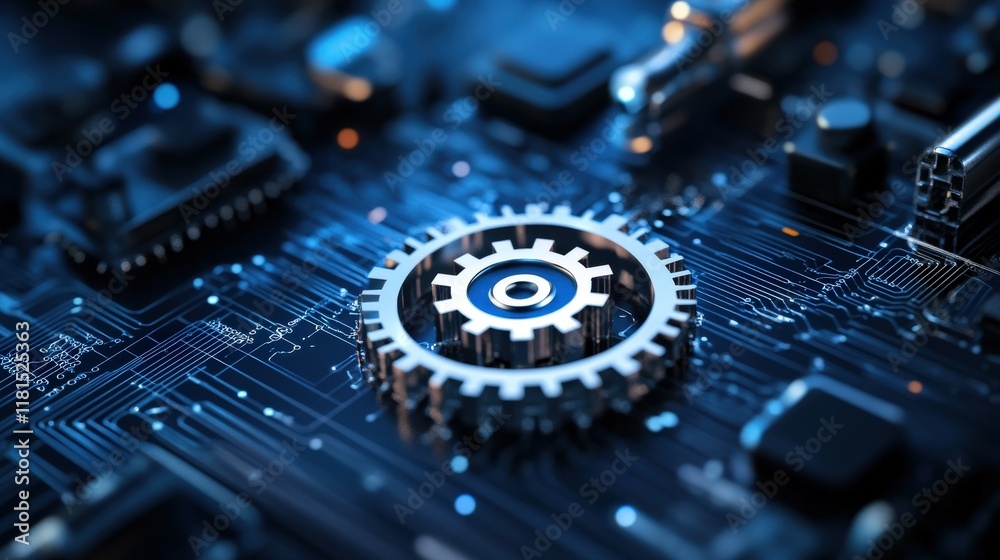 Poster detailed close-up of a metallic gear on a circuit board with glowing blue lines and high-tech compon