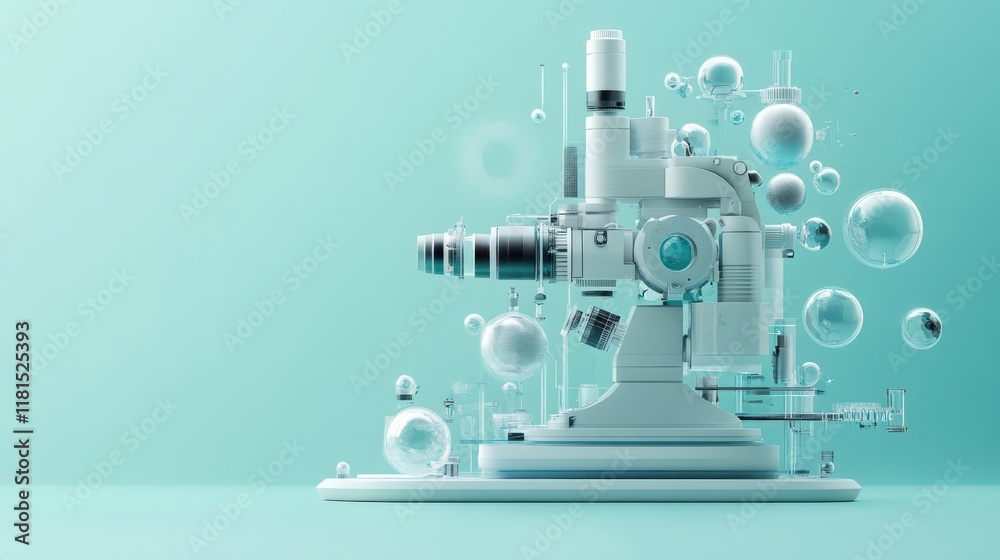 Poster stylish and futuristic microscope surrounded by floating bubbles in a bright aquamarine environment 