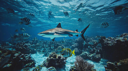 Obraz premium Shark swimming surrounded by colorful tropical fish in vibrant underwater coral reef