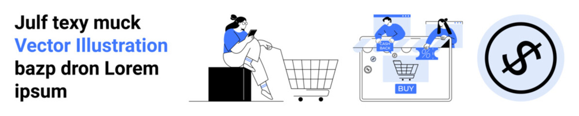 Woman using mobile phone near shopping cart, people purchasing on laptop, dollar sign money icon. Ideal for e-commerce, digital marketing, online shopping, mobile commerce, internet business