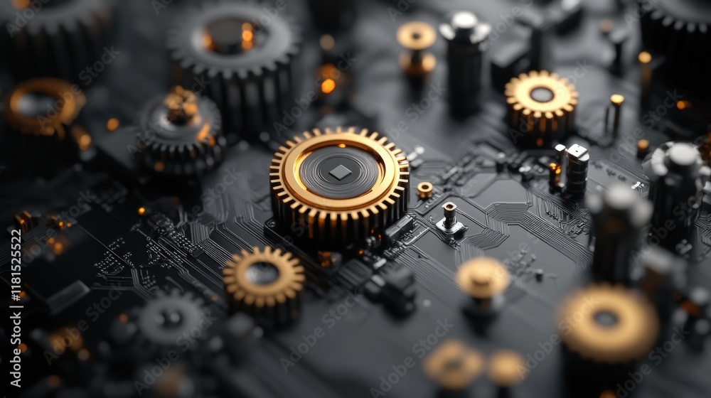 Poster close-up of intricate metal gears and circuitry with golden accents, showcasing the fusion of techno