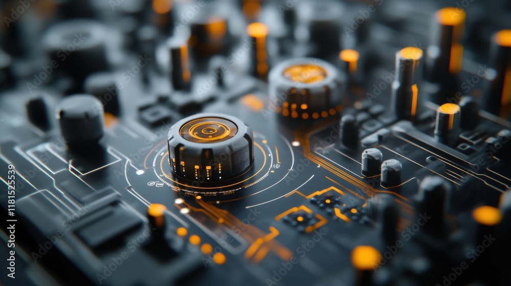 Poster Abstract Technological Background with Circuit Board Details, Microchips, and Orange Lights Illustrating Digital Innovation and Modern Computing Concepts