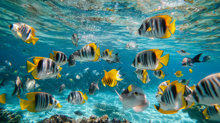 Fototapeta premium Vibrant tropical fish swimming in a clear underwater coral reef environment