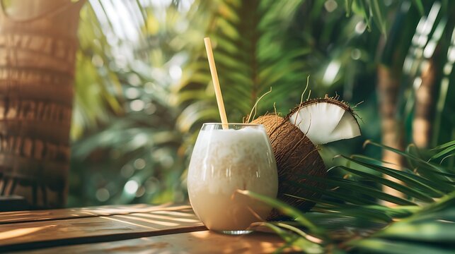 Coconut drink with a leafy backdrop and plastic straws