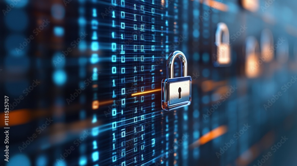 Leinwandbilder Conceptual Illustration of Digital Lock Security in a cyber environment with binary code representing data protection and encryption technology trends in modern computing.